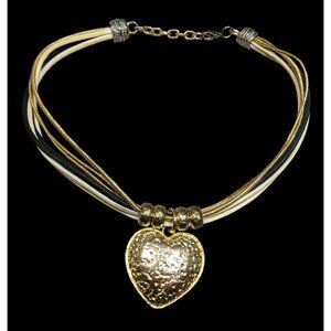 Funky Glam Textured Heart Gold Tone And Tan Pendant Necklace